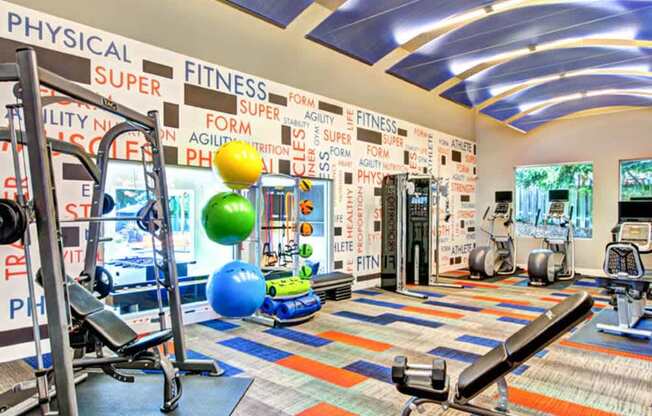 A gym with a variety of equipment and a colorful floor.