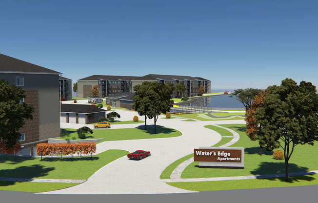 A rendering of a residential area with a sign that reads "Water's Edge Apartments.".