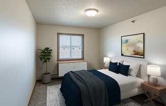 Fargo, ND Parkside Apartments. A bedroom with a large bed and a potted plant