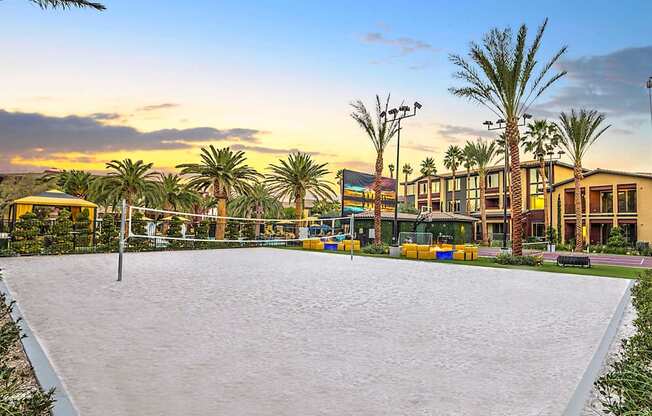 A volleyball court is surrounded by palm trees and buildings.