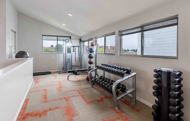 a workout room with weights and a large window