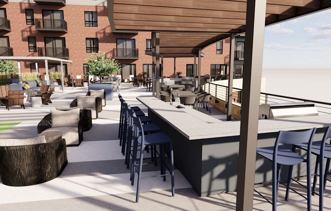 A patio with tables and chairs is shown in the image.