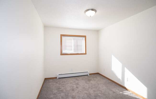 an empty room with carpet and a window. Fargo, ND Country Club Apartments