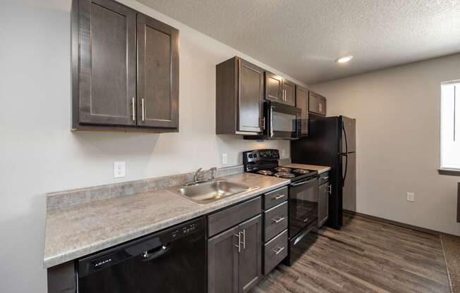 A kitchen with black appliances and cabinets.