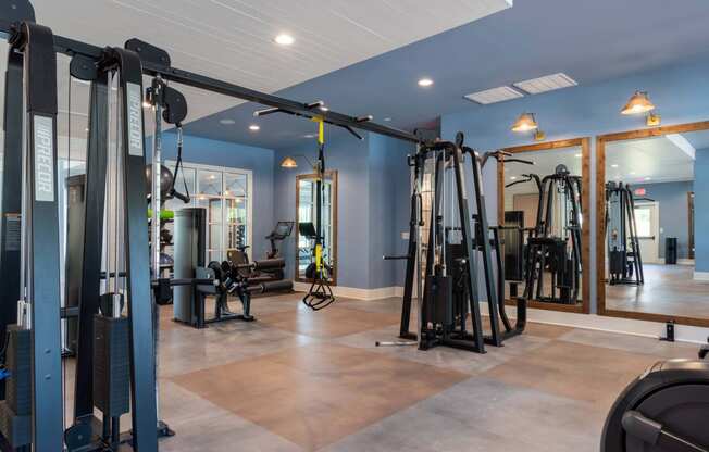 a gym with equipment and mirrors in a home gym