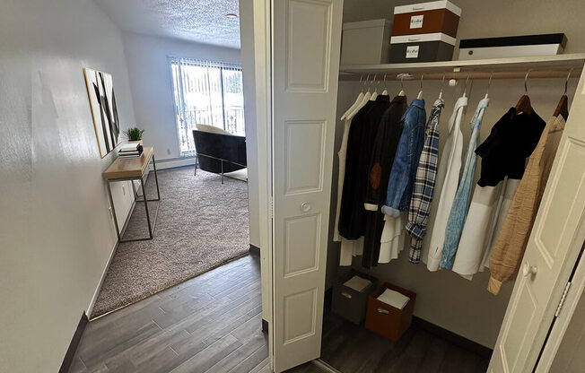 A room with a white door and a wardrobe full of clothes.