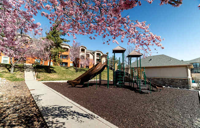 A playground with a slide and a tree with pink flowers.