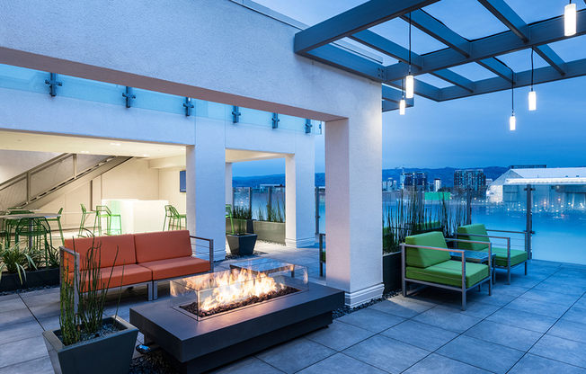 Sky terrace during the evening with fire pit burning