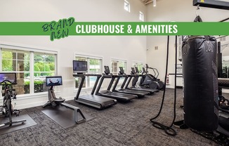 A gym with a green banner that says "Brand New Clubhouse & Amenities".