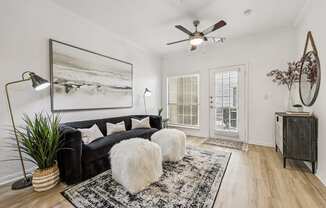 A living room with a black couch, a rug, and a ceiling fan.