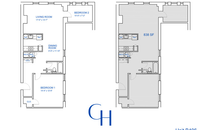 2 beds, 1 bath, 832 sqft, $2,046, Unit B-406