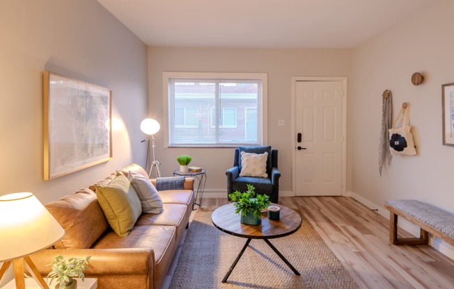 a living room with a couch and a coffee table