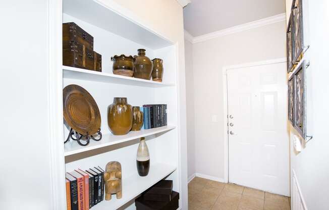 Built in bookshelf at Sonoma Grande Apartments in South Tulsa, OK 1, 2 & 3 Bedrooms.