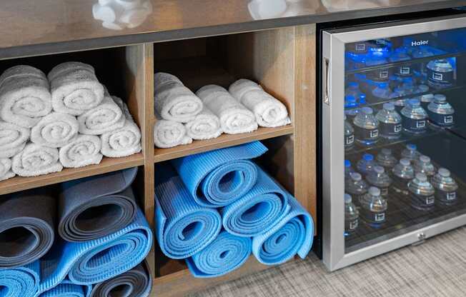 Towels are neatly folded and stacked in a storage cabinet.