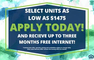 A promotional image offering free internet for three months with a select unit.
