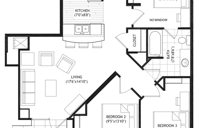 3 beds, 1 bath, 898 sqft, $4,150, Unit 101