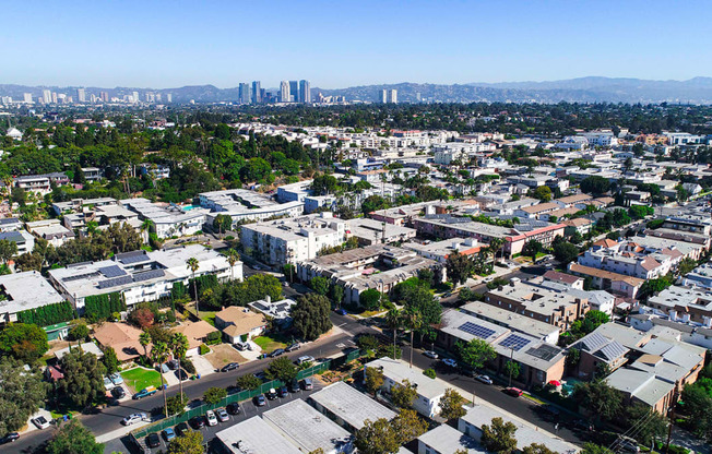 Aerial drone photo of the Palms neighborhood around The Glendon Building.