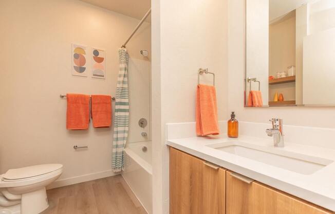 A bathroom with a toilet, sink, and a shower.