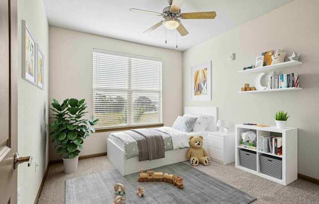 1 & 2-Bedroom Apartments for Rent in Bentonville, AR – Parc at Bentonville – Bedroom with plush carpeting and a ceiling fan