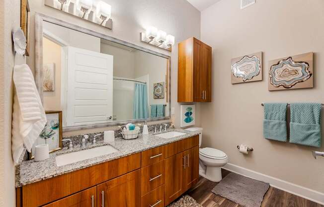 A bathroom with a white toilet, a sink with a mirror above it, and a wooden cabinet.