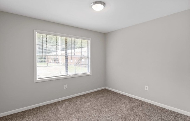 an empty bedroom with a window and carpeting