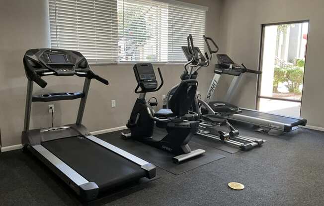 a gym with treadmills and ellipticals