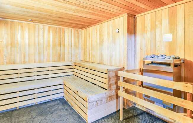 sauna room with two rows of wood bench seating