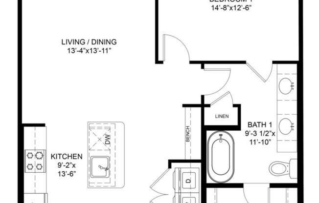 1 bed, 1 bath, 812 sqft, $1,369