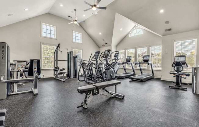 the gym with cardio equipment at the preserve at great neck apartments