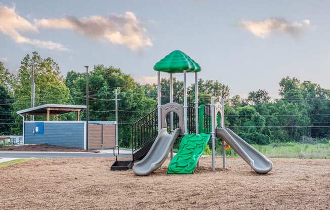 a playground with two slides and a jungle gym