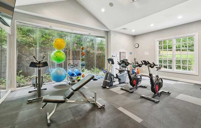 A gym with exercise equipment and a large window overlooking a forest.