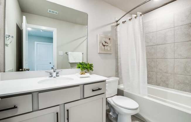 Canvas at Denton Bathroom with Quartz countertops and gray cabinetry with garden tub, build to rent, homes for rent in Denton, professionally managed rental home community, private yards, low maintenance, pet-friendly.