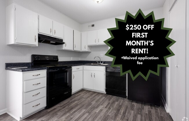 Elevate your lifestyle at Countryside Villa Apartments with an inviting kitchen featuring sleek black appliances and ample counter space. Don't miss out on our limited-time offer: $250 off your first month's rent! Apply today!