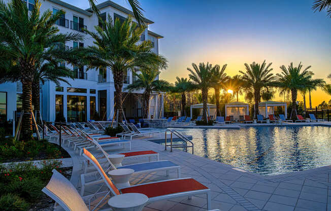 A poolside area with sun loungers and palm trees.
