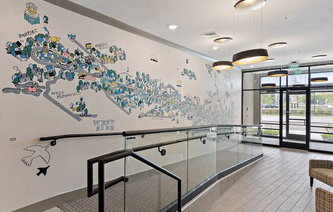 a large white wall with a map of the united states painted on it at The Griffin Royal Oak, Michigan, 48067
