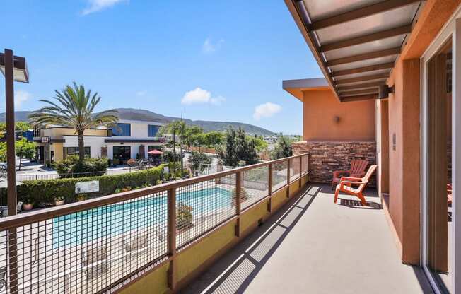 a balcony or terrace with a view of a swimming pool