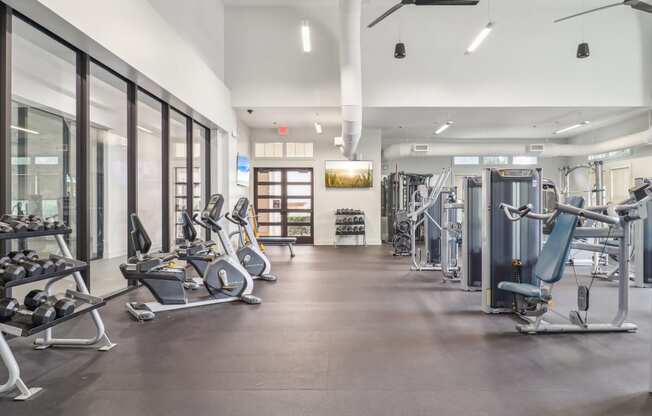 the gym at the flats at obsidian tower has cardio equipment and weights