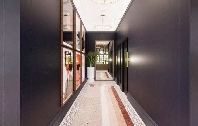 a hallway with black walls and a white tile floor and a plant