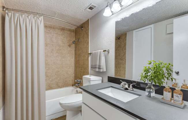 A bathroom with a toilet, sink, and shower.