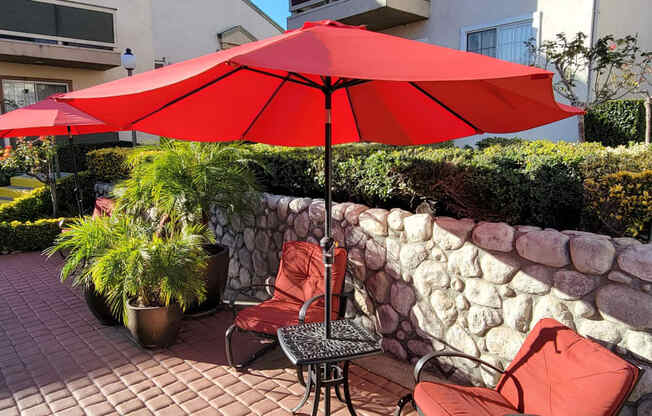 Garden sitting area at Northwood Apartments in Upland, California.