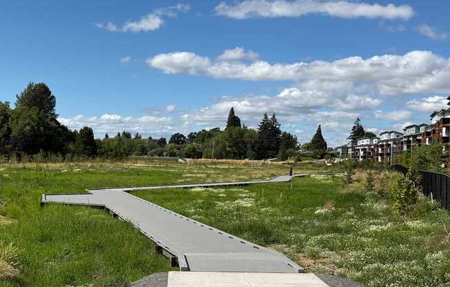A long pathway leads through a grassy field.