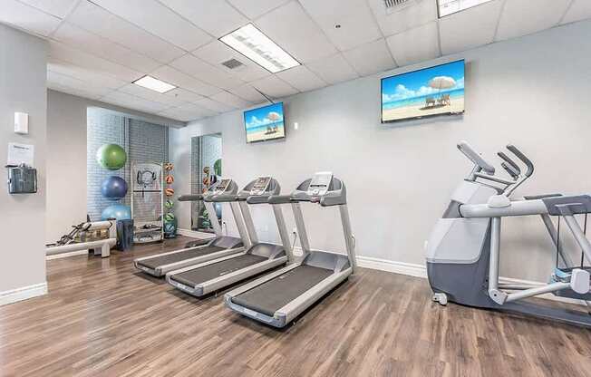 A gym with treadmills and exercise equipment.