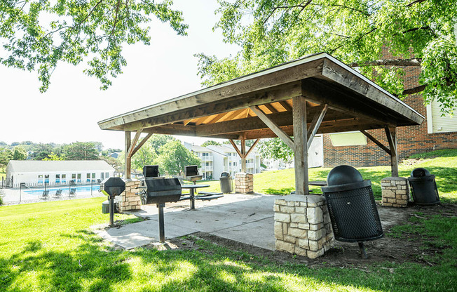 a pavilion with a grill and a picnic table in a park