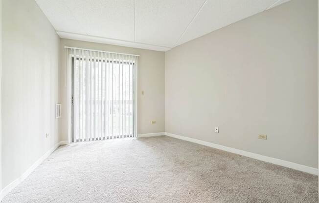 A room with a carpeted floor and a sliding door.