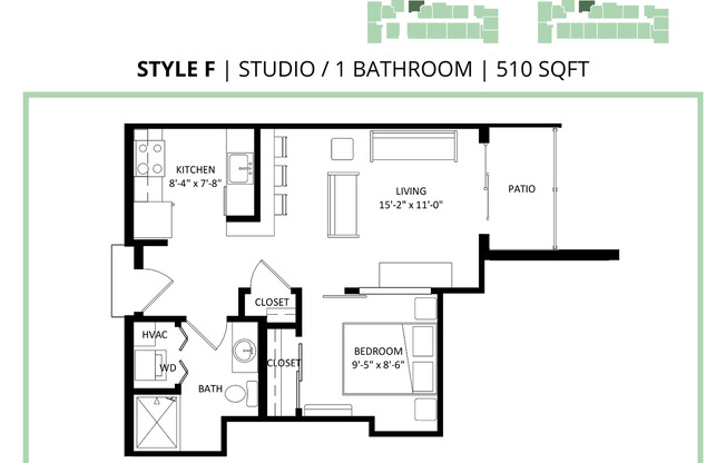 Studio, 1 bath, 510 sqft, $1,350, Unit 219