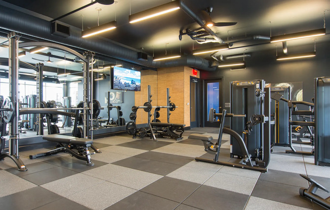 A gym with large windows, bench and squat racks, machines, and a wall of mirrors.