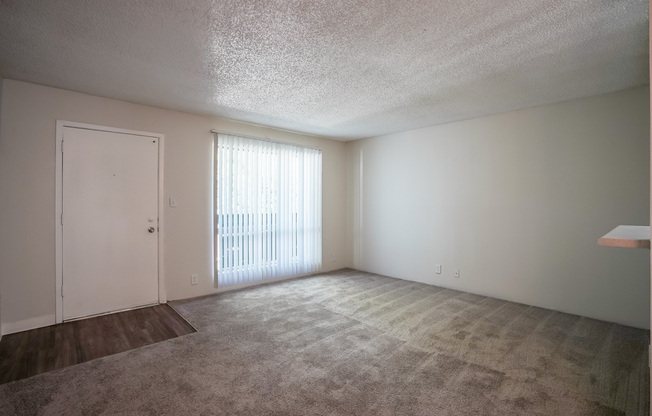 Carpeted apartment living room and front entrance at Treehouse Apartments in Albuquerque, New Mexico
