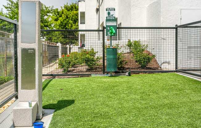 a yard in front of a building with a fence and green grass