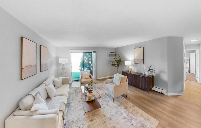 a living room with a couch and a table