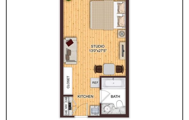 Studio, 1 bath, 336 sqft, $775, Unit 623